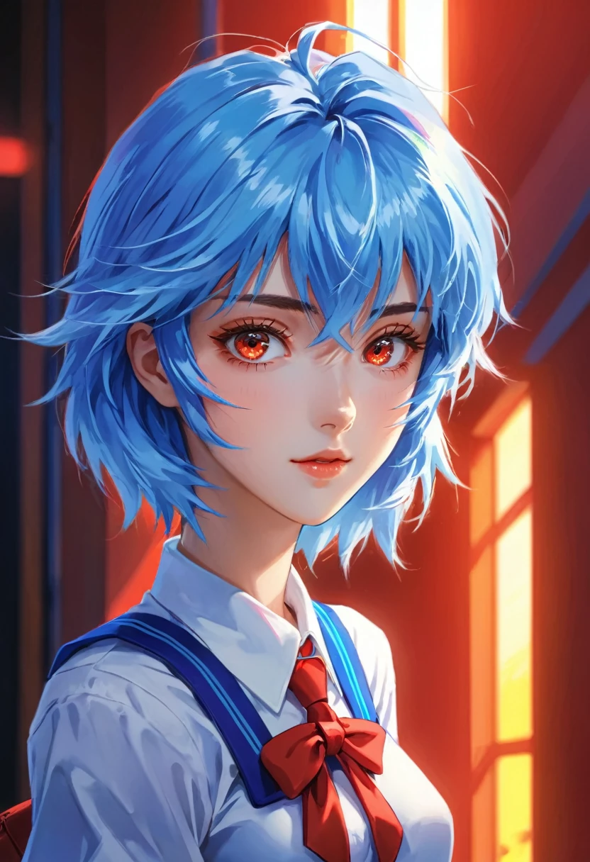 1人の女の子, Ayanami Rei, 新世紀エヴァンゲリオン, 青い髪と赤い目をした女の子, アニメスタイル, 90年代アニメ, 学生服, かわいい, 詳細な顔, 詳細な目, 詳細な髪, beautiful 詳細な目, 美しい唇のディテール, extremely 詳細な目 and face, 長いまつ毛, ダイナミックなポーズ, 映画照明, 8K, 非常に詳細な, 傑作, デジタルペインティング, 活気のある colors, 雰囲気のある, ドラマチックな照明, アニメアートワーク, アニメスタイル, ビジュアル, 活気のある, スタジオアニメ, 非常に詳細な