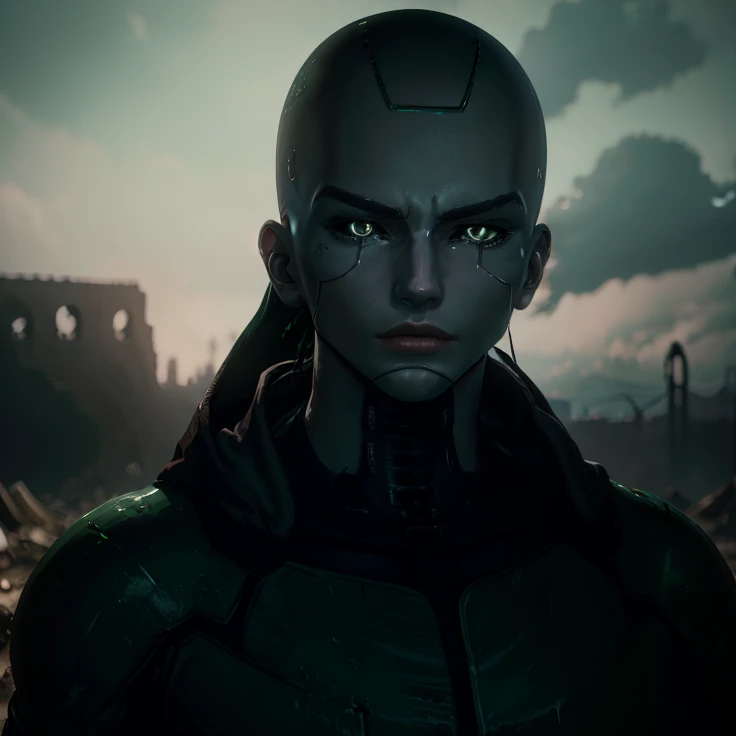 A painting showing the face of an android, masculine, with emerald green eyes that convey wisdom and determination. He wears a hood covering his bald head, without a helmet. The background is a dystopian world in ruins, with a cloudy sky in the background.