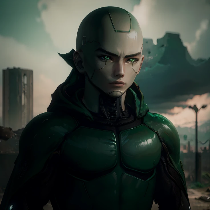 A painting showing the face of an android, masculine, with emerald green eyes that convey wisdom and determination. He wears a hood covering his bald head, without a helmet. The background is a dystopian world in ruins, with a cloudy sky in the background.