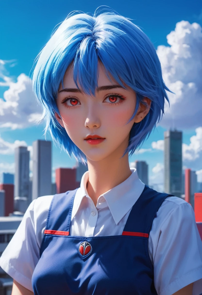 1 chica, rei ayanami, Neon Genesis Evangelion, una chica con cabello azul y ojos rojos, estilo animado, anime de los 90, Uniforme escolar, kawaii, cara detallada, ojos detallados, Cabello detallado, beautiful ojos detallados, hermosos labios detallados, extremely ojos detallados and face, Pestañas largas, pose dinámica, iluminación cinematográfica, 8K, muy detallado, obra maestra, pintura digital, vibrante colors, atmosférico, iluminación dramática, Ilustraciones de anime, estilo animado, visual, vibrante, studio anime, muy detallado