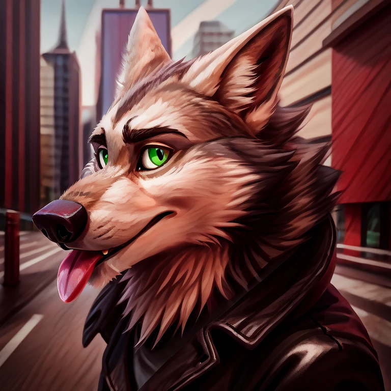 Vortex hellhound, wolf, furry, helluva boss, wearing a (leather jacket), solo, wolf, white fur, tongue out, completely glowing green eyes with no irises or pupils, BREAK, city background, (intricate, high detail, film photography, soft focus, RAW candid cinema, photorealism, realistic, photorealistic, analog style, subsurface scattering, masterpiece, best quality, ultra realistic, 8k), profile picture, full body image