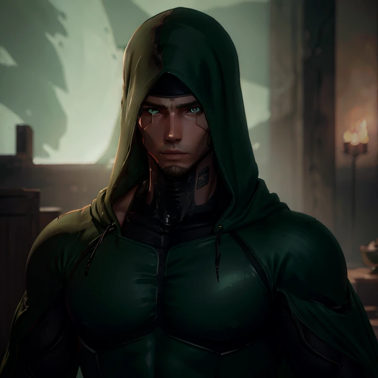 Man, green eyes, hood covering his head