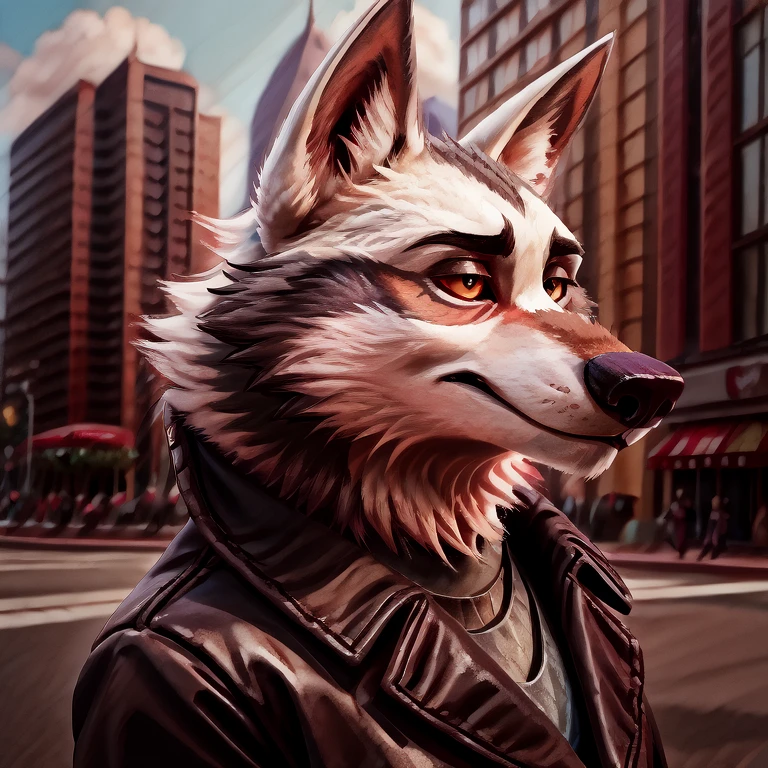 Vortex hellhound, wolf, furry, helluva boss, wearing a (leather jacket), solo, wolf, white fur, BREAK, city background, (intricate, high detail, film photography, soft focus, RAW candid cinema, photorealism, realistic, photorealistic, analog style, subsurface scattering, masterpiece, best quality, ultra realistic, 8k), profile picture, full body image