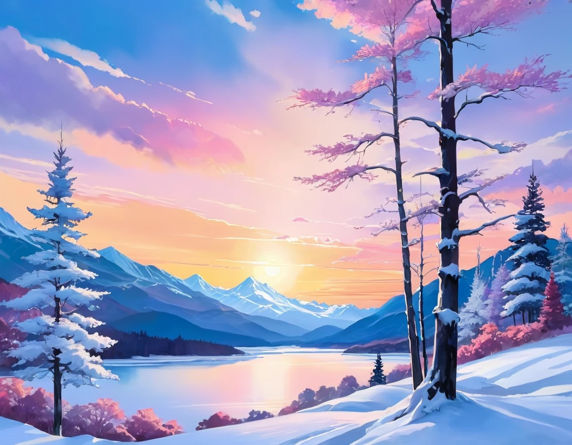 Create a winter landscape painting with a serene atmosphere, using a palette of light pink, muted blue, dark grayish blue, bright blue, very dark gray, and light grayish blue. The scene should feature a snowy forest in the foreground and a majestic mountain range in the background, capturing the transition of colors from the snow-covered trees to the vibrant hues of the sky and mountains at sunrise. The painting should evoke a sense of tranquility and the beauty of nature