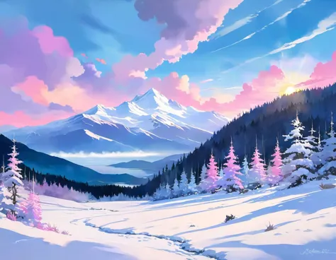 create a winter landscape painting with a serene atmosphere, using a palette of light pink, muted blue, dark grayish blue, brigh...