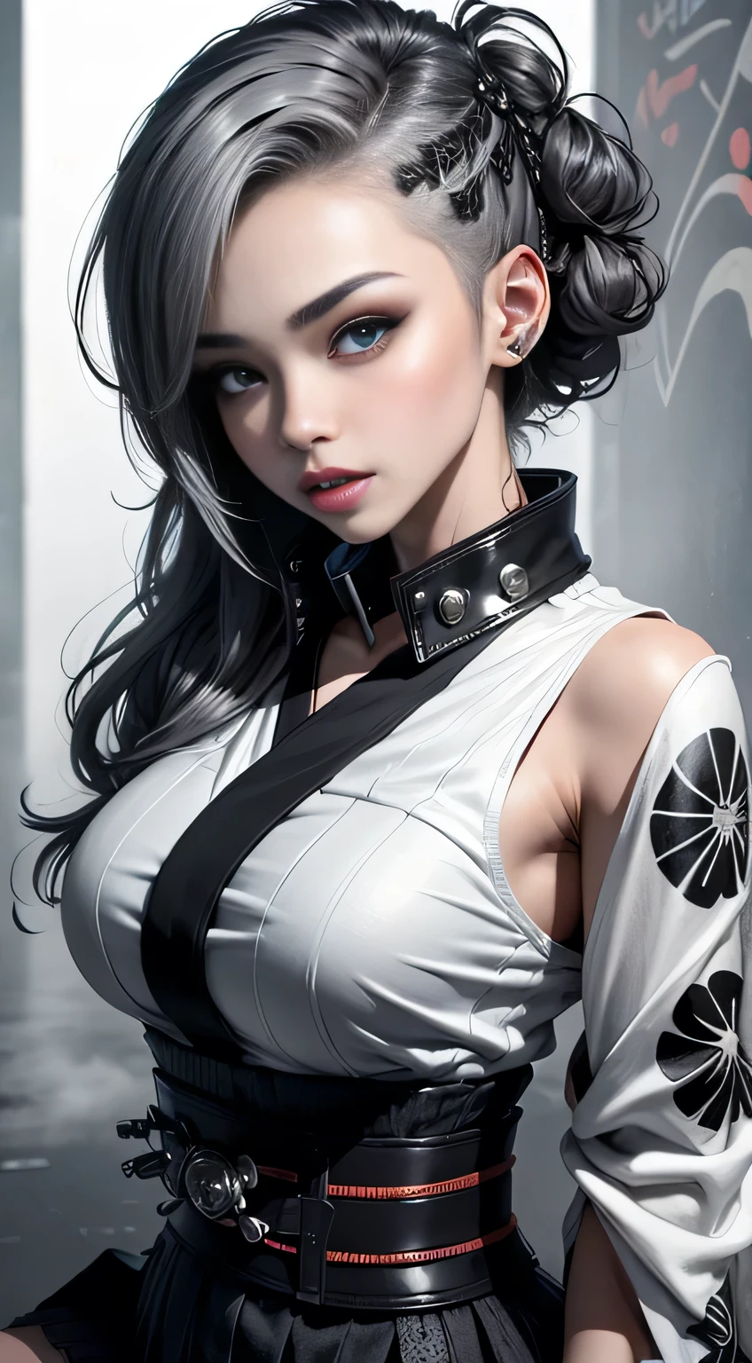 sfw, (Realistic:1.3), (official art), (gorgeous, elegant, luxury), (beautiful still life painting art), ultra detailed, beautiful, masterpiece, best quality, _ BREAK (1girl:1.2), 22 years old, 160 cm, Japanese cute model, Tightened all body, medium Breasts, small head, small face, diamond Face, small nose, Sharp Faceline, young hands and fingers, beautiful hands and fingers, five fingers, _ BREAK (Glossy Lips:1.3), (Light color lips, Half open mouth, beautiful Teeth:1.2), (dropy eyes, Double eyelid, Blue eyes:1.), _ BREAK (punk arranged hairstyle:1.3),(hairstyle with complicated decorations:1.3), (gray hair:1.3), _ BREAK (White and black theme:1.3), (futuristic white background), (blurry background, Fog, mist:1.7), _ BREAK (wide angle:1.7), random pose, _ BREAK（White and black theme:1.4), (Geometric pattern print:1.4),(fusion of traditional High collar kimono and punk elements:1.4), (black leather jacket with white silk kimono:1.2), (silver studded details on kimono:1.2), (punk-inspired accessories, black Leather thigh belt:1.4), _ BREAK (punk-style boots:1.2), _ BREAK (Cityscape background:1.2), (White and black graffiti-covered walls:1.4), _ BREAK (Confident sitting pose:1.2),、 wearing bra,((skinny waist)), young asian girl, ((big breasted)),