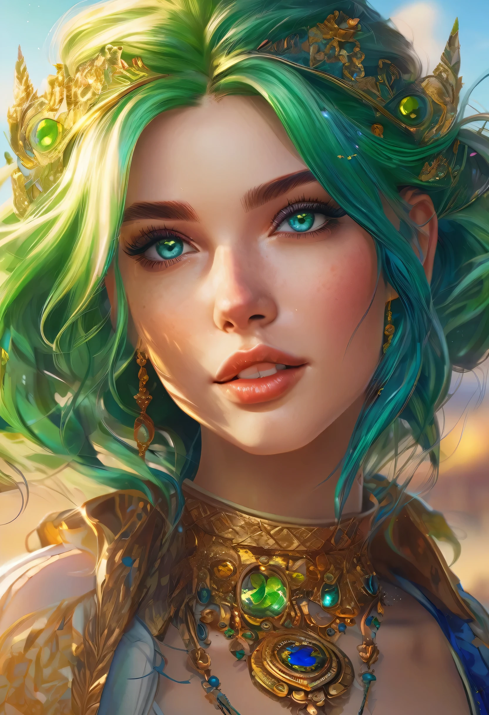 1 garota, cabelo verde, olhos azuis, lindos olhos detalhados, lindos lábios detalhados, rosto extremamente detalhado, sorridente, Câmera, fantasia, luz quente, Hora dourada, vibrante, cinematic, fotorrealista, 8K, alta qualidade, detalhes intrincados, obra de arte, pintura digital