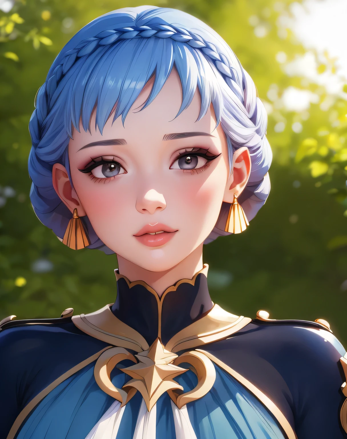 mariannetimeskip, crown braid, blue dress, long sleeves, capelet (masterpiece, best quality, ultra-detailed), realistic style, very close up shot 2.0, garden 2.0, looking at viewer 2.0, blushing, face shot 2.0, perfect eyes, cute nose, very sexy smile 2.0, very luscious lips 2.0, face shot 2.0, very heavy eyeshadow 2.0, very heavy makeup 2.0, round face, very thick lips 2.0, very glossy lips 2.0, very pouty lips 2.0, shiny skin, lustrous skin 2.0, incredibly pretty 2.0, incredibly beautiful 2.0, very shy 2.0, very gentle 2.0, very timid 2.0, very elegant 2.0, earrings, very curvy 2.0, supermodel face 2.0, very sexy 2.0, very heavy eyeshadow 2.0, very heavy makeup 2.0, round face, very thick lips 2.0, very glossy lips 2.0, very pouty lips 2.0, shiny skin, lustrous skin 2.0, incredibly pretty 2.0, incredibly beautiful 2.0, very shy 2.0, very gentle 2.0, very timid 2.0, very elegant 2.0, very curvy 2.0, supermodel face 2.0, very sexy 2.0, hands at side 2.0