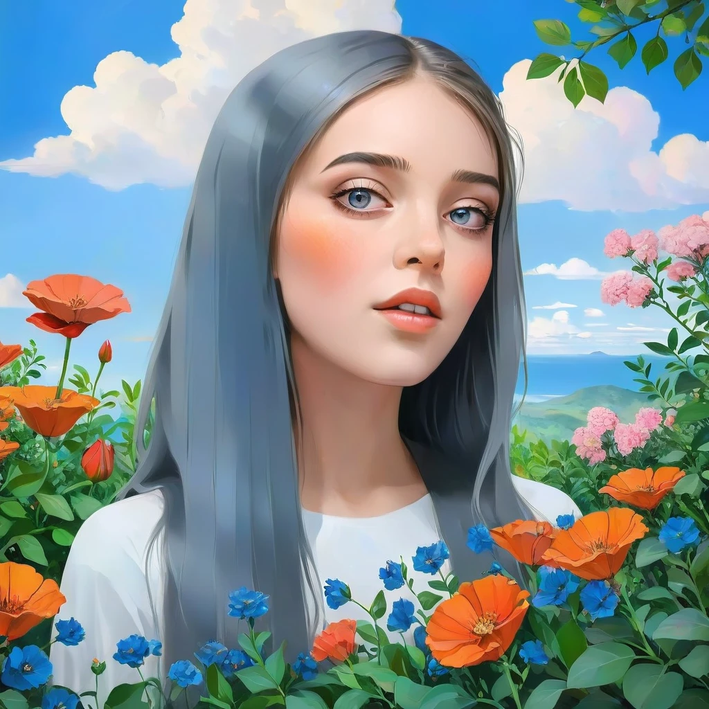 a beautiful girl in a lush garden, vibrant blue sky, red and orange flowers, detailed face and eyes, volumetric lighting, intricate details, photorealistic, high definition, masterpiece, professional digital art, cinematic color palette, using a palette of light pink, muted blue, dark grayish blue, bright blue, very dark gray, and light grayish blue