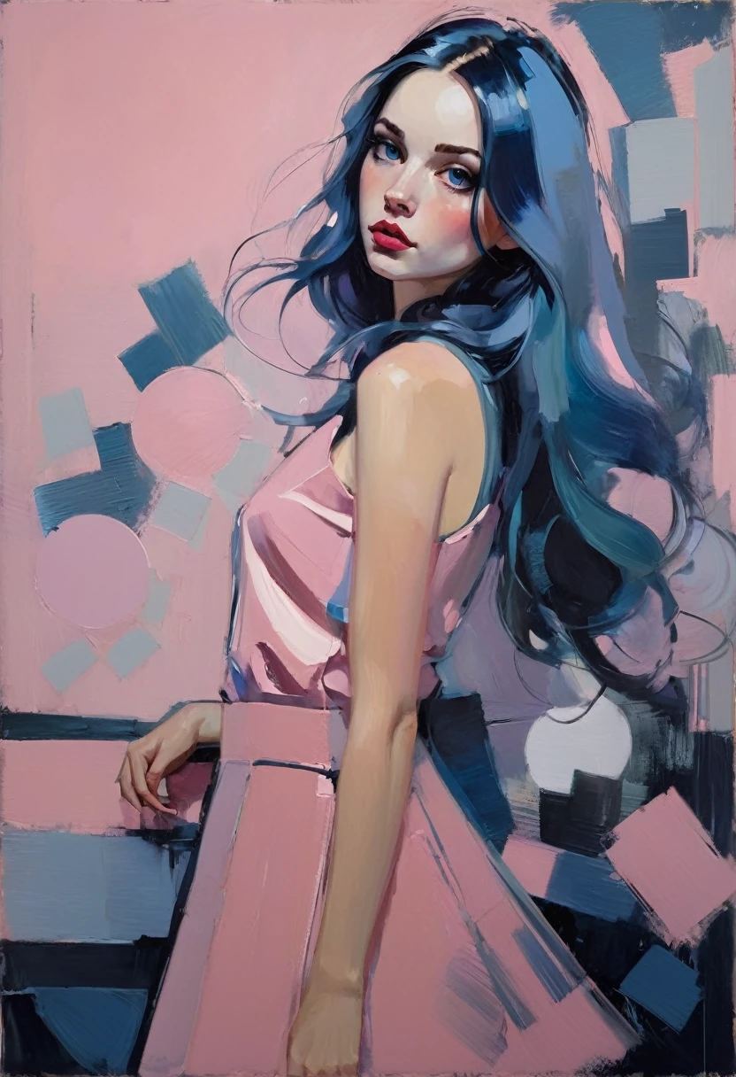 Create a contemporary portrait of a person in the expressive and painterly style of Malcolm Liepke, utilizing a palette of light pink, muted blue, dark grayish blue, bright blue, very dark gray, and light grayish blue. The portrait should feature a close-up of the subject's face with strong, dynamic brushstrokes and a focus on capturing the depth and texture characteristic of Liepke's work. Use light pink and bright blue for the highlights and vibrant areas, while employing muted blue, dark grayish blue, very dark gray, and light grayish blue to create shadows and depth. Ensure the background complements the portrait with subtle variations of the same color palette, evoking a sense of modern elegance and emotional intensity