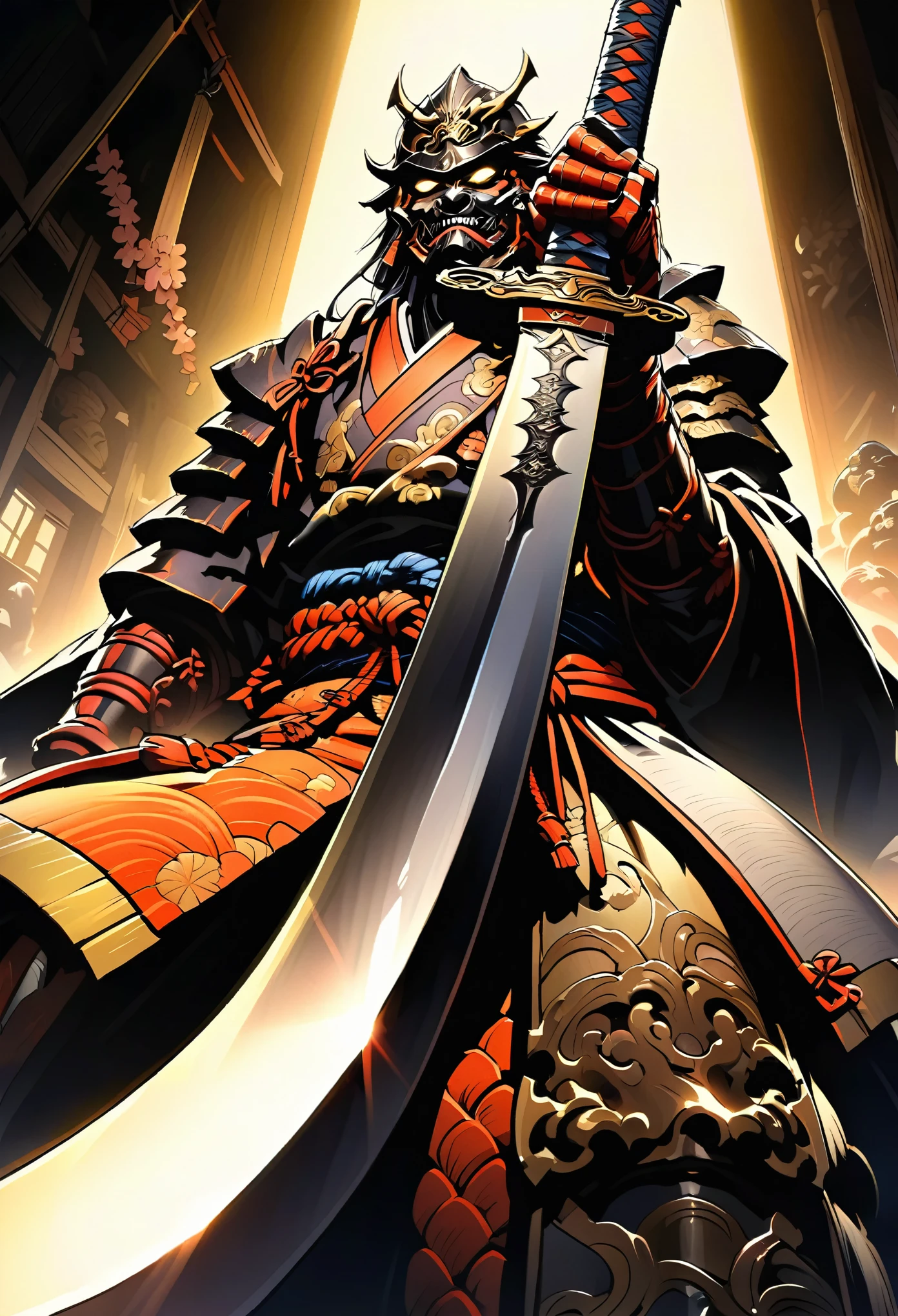 Close-up of a sword held by a samurai, face out of focus, detailed sword with edge and ornament, sword held in one hand, image taken from below reflecting the light of the metal sword