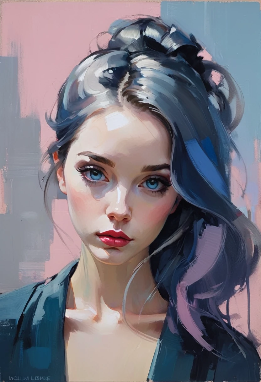 Create a contemporary portrait of a person in the expressive and painterly style of Malcolm Liepke, utilizing a palette of light pink, muted blue, dark grayish blue, bright blue, very dark gray, and light grayish blue. The portrait should feature a close-up of the subject's face with strong, dynamic brushstrokes and a focus on capturing the depth and texture characteristic of Liepke's work. Use light pink and bright blue for the highlights and vibrant areas, while employing muted blue, dark grayish blue, very dark gray, and light grayish blue to create shadows and depth. Ensure the background complements the portrait with subtle variations of the same color palette, evoking a sense of modern elegance and emotional intensity