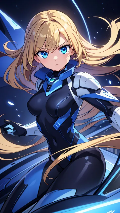 A beautiful young girl with striking blue eyes and long, flowing blonde hair, wearing a sleek, futuristic-looking mecha-style le...