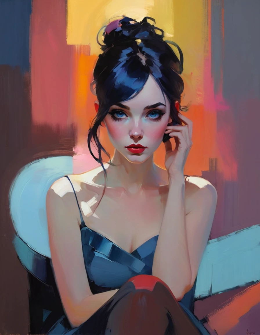 Create a contemporary portrait of a person in the expressive and painterly style of Malcolm Liepke, utilizing a palette of light pink, muted blue, dark grayish blue, bright blue, very dark gray, and light grayish blue. The portrait should feature a close-up of the subject's face with strong, dynamic brushstrokes and a focus on capturing the depth and texture characteristic of Liepke's work. Use light pink and bright blue for the highlights and vibrant areas, while employing muted blue, dark grayish blue, very dark gray, and light grayish blue to create shadows and depth. Ensure the background complements the portrait with subtle variations of the same color palette, evoking a sense of modern elegance and emotional intensity