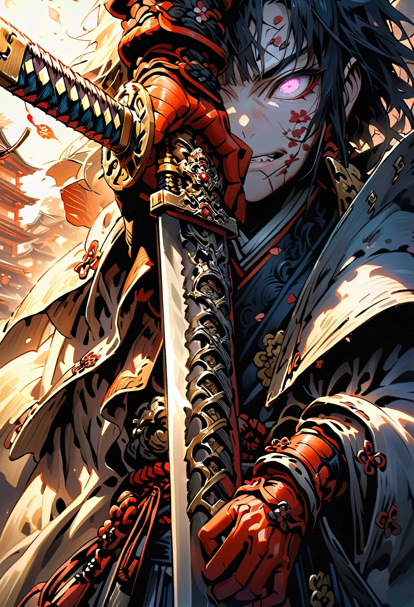 武士手持的剑的特写, 脸部失焦, 带边缘和装饰的精致剑, 单手握剑, 从下方拍摄的图像反射了金属剑的光芒