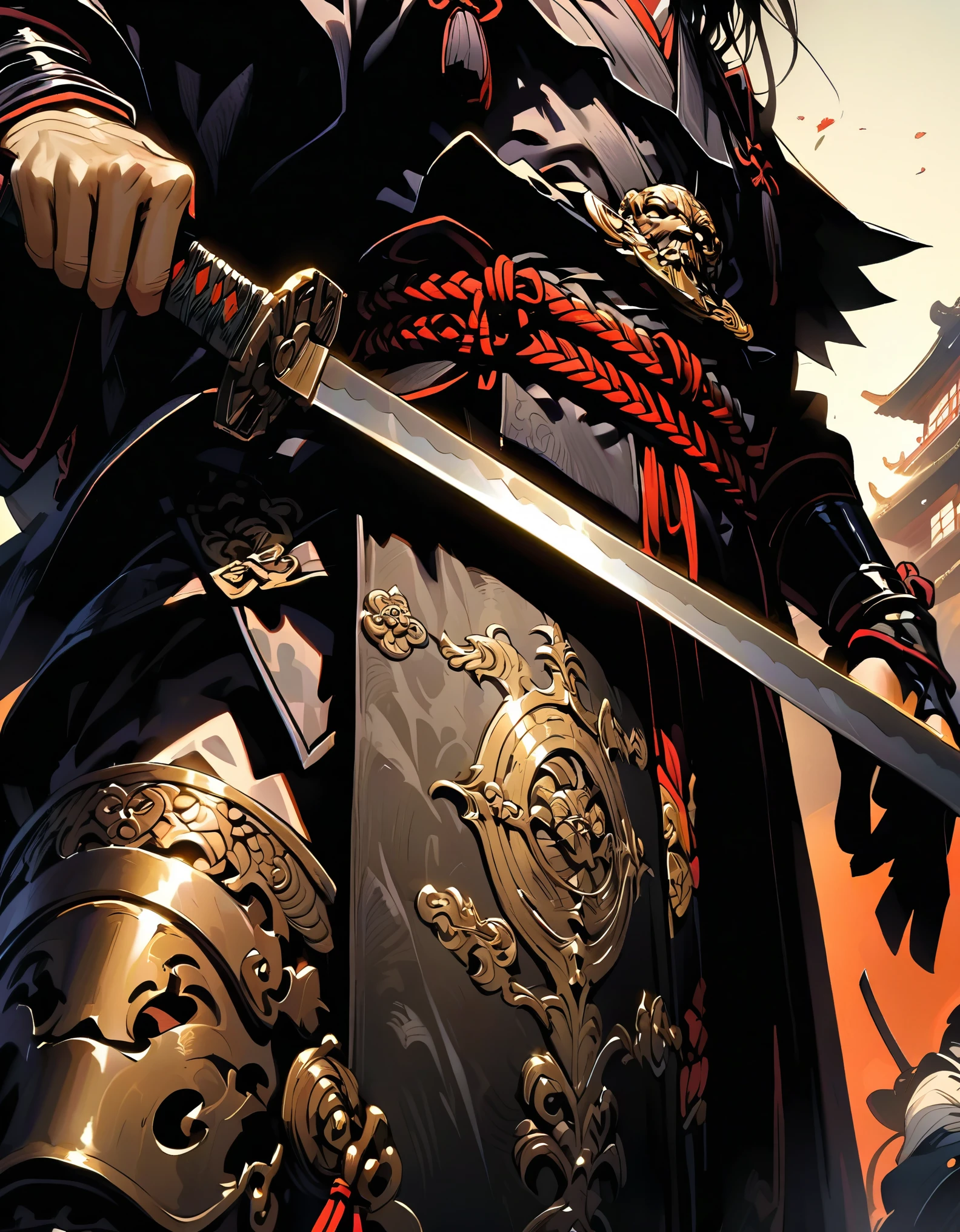 武士手持的剑的特写, 脸部失焦, 带边缘和装饰的精致剑, 单手握剑, 从下方拍摄的图像反射了金属剑的光芒
