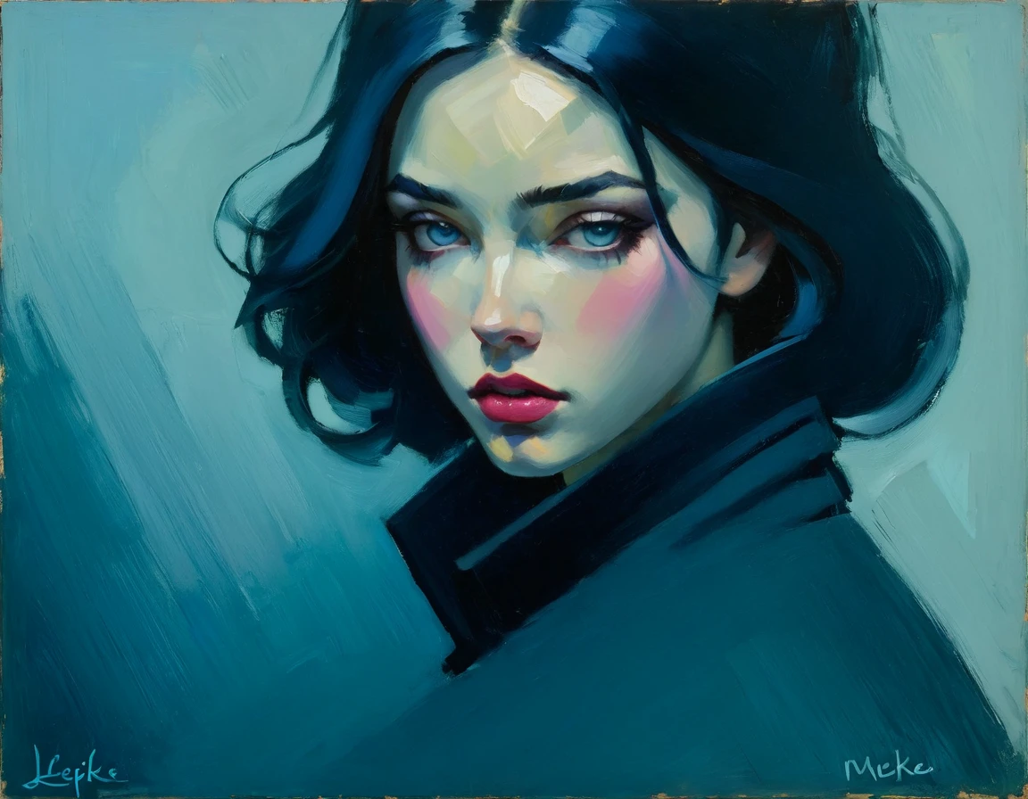 Crea una pintura al óleo evocadora inspirada en Malcolm Liepke, basado en la imagen proporcionada. Captura lo intenso, expresión introspectiva del joven sujeto usando gruesas, Pinceladas expresivas utilizando una paleta de color rosa claro., azul apagado, azul grisáceo oscuro, azul brillante, gris muy oscuro, y azul grisáceo claro. Resaltar la profundidad emocional y la vulnerabilidad en la mirada del sujeto., enfatizando el juego de luces y sombras en su rostro. mantener una sencilla, Fondo texturizado que complementa la presencia contemplativa del sujeto.. Centrarse en la calidad táctil de la pintura al óleo para transmitir la emoción cruda y la intimidad características del estilo de Liepke.. Después de aplicar pintura espesa, usa un pincel seco para arrastrar sobre la superficie ligeramente. Esta técnica puede crear texturas interesantes al revelar las capas inferiores.