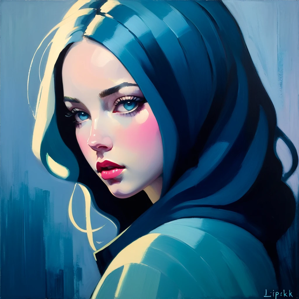 Crea una pintura al óleo evocadora inspirada en Malcolm Liepke, basado en la imagen proporcionada. Captura lo intenso, expresión introspectiva del joven sujeto usando gruesas, Pinceladas expresivas utilizando una paleta de color rosa claro., azul apagado, azul grisáceo oscuro, azul brillante, gris muy oscuro, y azul grisáceo claro. Resaltar la profundidad emocional y la vulnerabilidad en la mirada del sujeto., enfatizando el juego de luces y sombras en su rostro. mantener una sencilla, Fondo texturizado que complementa la presencia contemplativa del sujeto.. Centrarse en la calidad táctil de la pintura al óleo para transmitir la emoción cruda y la intimidad características del estilo de Liepke.. Después de aplicar pintura espesa, usa un pincel seco para arrastrar sobre la superficie ligeramente. Esta técnica puede crear texturas interesantes al revelar las capas inferiores.