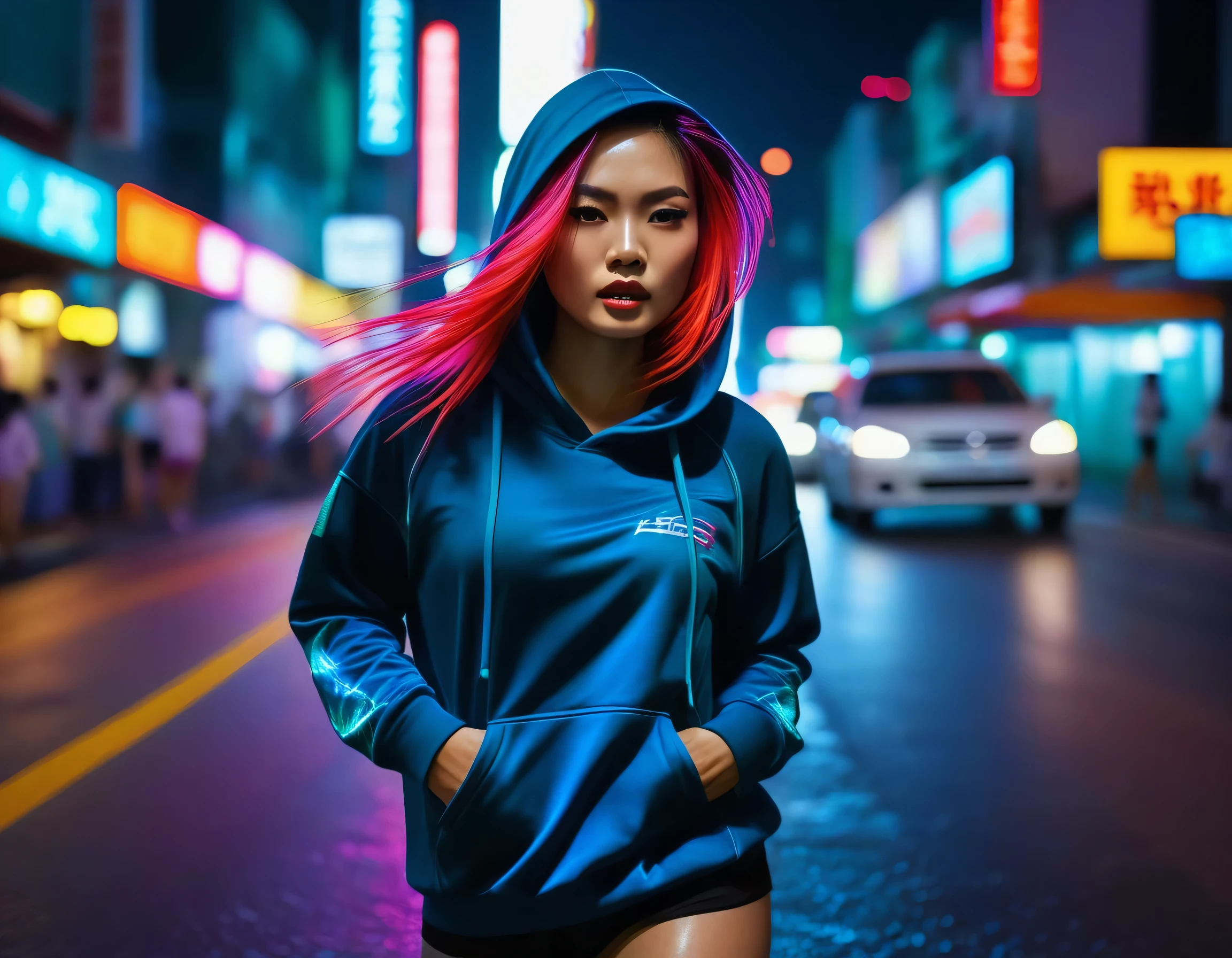 Fotografie, lebendige Straße, die ein thailändisches Model in Bewegung bei Nacht einfängt, trägt einen übergroßen Hoodie mit sportlich leuchtend gefärbtem Haar, sticht vor dem Hintergrund verschwommener Stadtlichter hervor, Betont das Surreale, Bewegungsunschärfe-Effekt, der farbenfrohe Streifen vorbeifahrender Fahrzeuge mit der Umgebungsbeleuchtung der Stadt verschmilzt, um die Illusion zu erzeugen, dass das Motiv durch die Zeit bewegt wird, integriere Elemente, die das urbane Gefühl verstärken, wie den fernen Schein von Straßenlaternen und Neonlichtern, spiegelt sich auf nassem Asphalt, die Komposition vermittelt ein Gefühl von Geschwindigkeit und Fließfähigkeit, UHD --ar 9:16