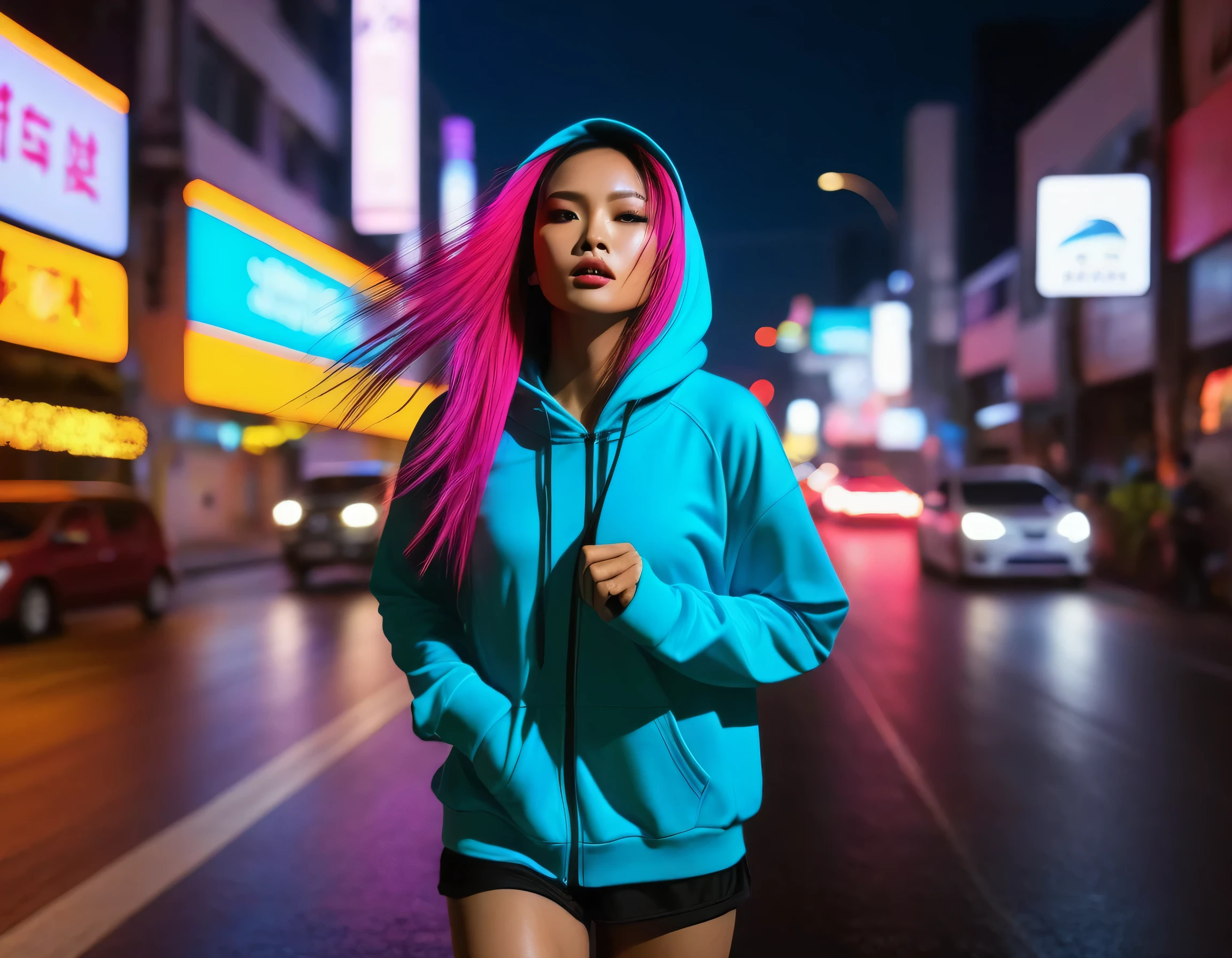 fotografía, calle vibrante que captura a una modelo tailandesa en movimiento por la noche, lleva una sudadera holgada con el pelo deportivo de colores vivos, destaca sobre el fondo de las luces borrosas de la ciudad, enfatiza lo surreal, efecto de desenfoque de movimiento que fusiona las rayas coloridas de los vehículos que pasan con la iluminación urbana ambiental para crear la ilusión de que el sujeto se mueve a través del tiempo, incorpore elementos que realcen la sensación urbana como el brillo lejano de las farolas y los letreros de neón, reflexiona sobre el asfalto mojado, la composición transmite una sensación de velocidad y fluidez, UHD-ar 9:16