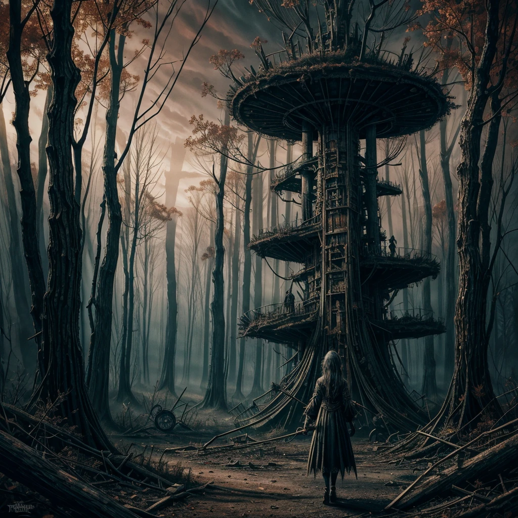 Le royaume crépusculaire de la sorcière,Une peinture à l&#39;huile envoûtante qui combine la fantaisie sombre de Tim Burton avec le courage dystopique de Tsutomu Nihei. Une petite sorcière se tient au centre, entouré de branches d&#39;arbres tordues et de machines rouillées. Ses yeux brillent d&#39;une intensité surnaturelle, comme si elle invoquait une magie terrible. Les coups de pinceau sont audacieux et expressifs, avec une texture d&#39;encre réelle et vive, couleurs aux teintes de rouille.