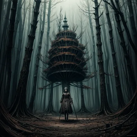 The Witch's Twilight Realm,A haunting oil painting that combines the dark whimsy of Tim Burton with the dystopian grit of Tsutom...