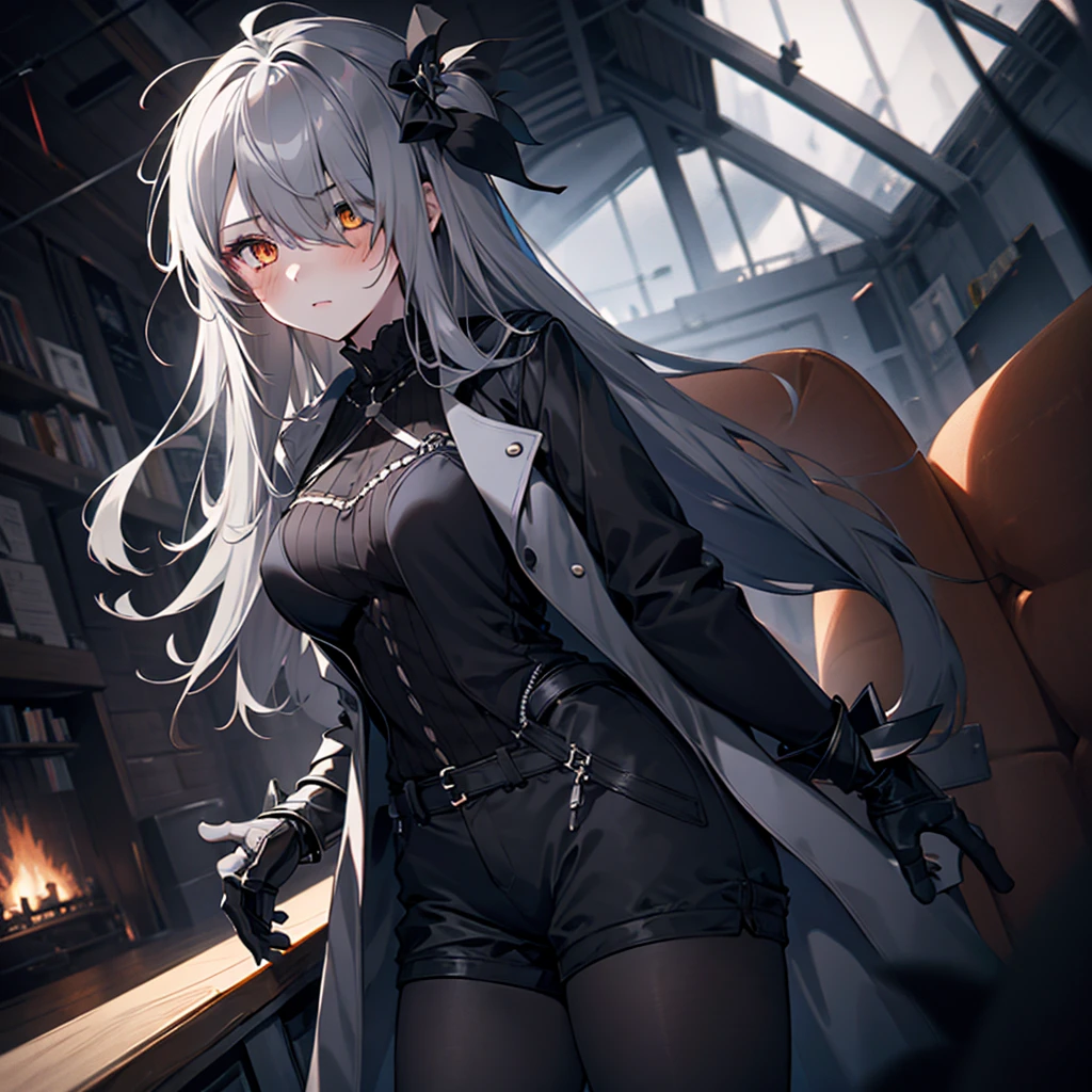 1girl, ashen_hair, long_hair, bangs, orange_eyes, two_side_up, hair_over_one_eye, blush, large_breasts, Black silver-trimmed trench coat, black_gauntlets, Silver_shorts, black_pantyhose, black_clothes