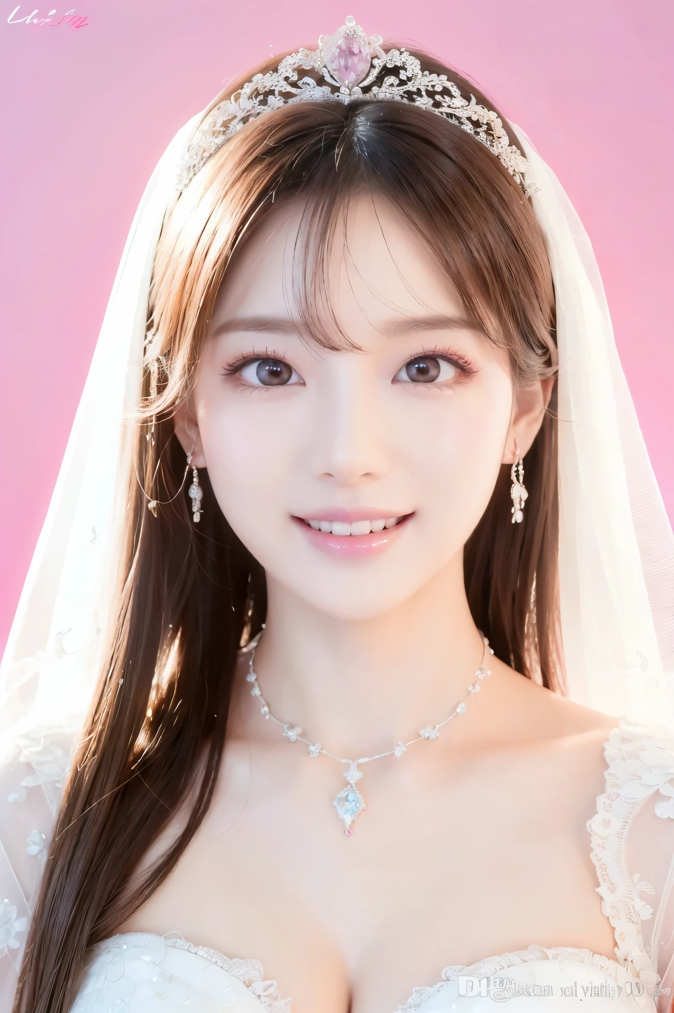 (highest quality、Tabletop、8k、Best image quality、Award-winning works)、One beautiful bride、(alone:1.1)、(The most extravagant and gorgeous huge pure white wedding dress:1.1)、(Perfect Wedding Lace:1.2)、(The most gorgeous and luxurious giant tiara:1.1)、(The most extravagant and luxurious giant necklace:1.1)、Look at me with your best smile、Finest jewelry decoration、Perfect Makeup、Long eyelashes、Ultra HD Shining Eyes、Ultra HD Hair、Ultra High Resolution Glossy Lips、Ultra High Resolution Perfect Teeth、Beautiful face in ultra-high definition、(Accurate anatomy:1.1)、Very bright and beautiful skin、very bright and vivid、Perfect beautiful bridal hairstyles、(Front facing body:1.1)、(Solid pink background:1.2)