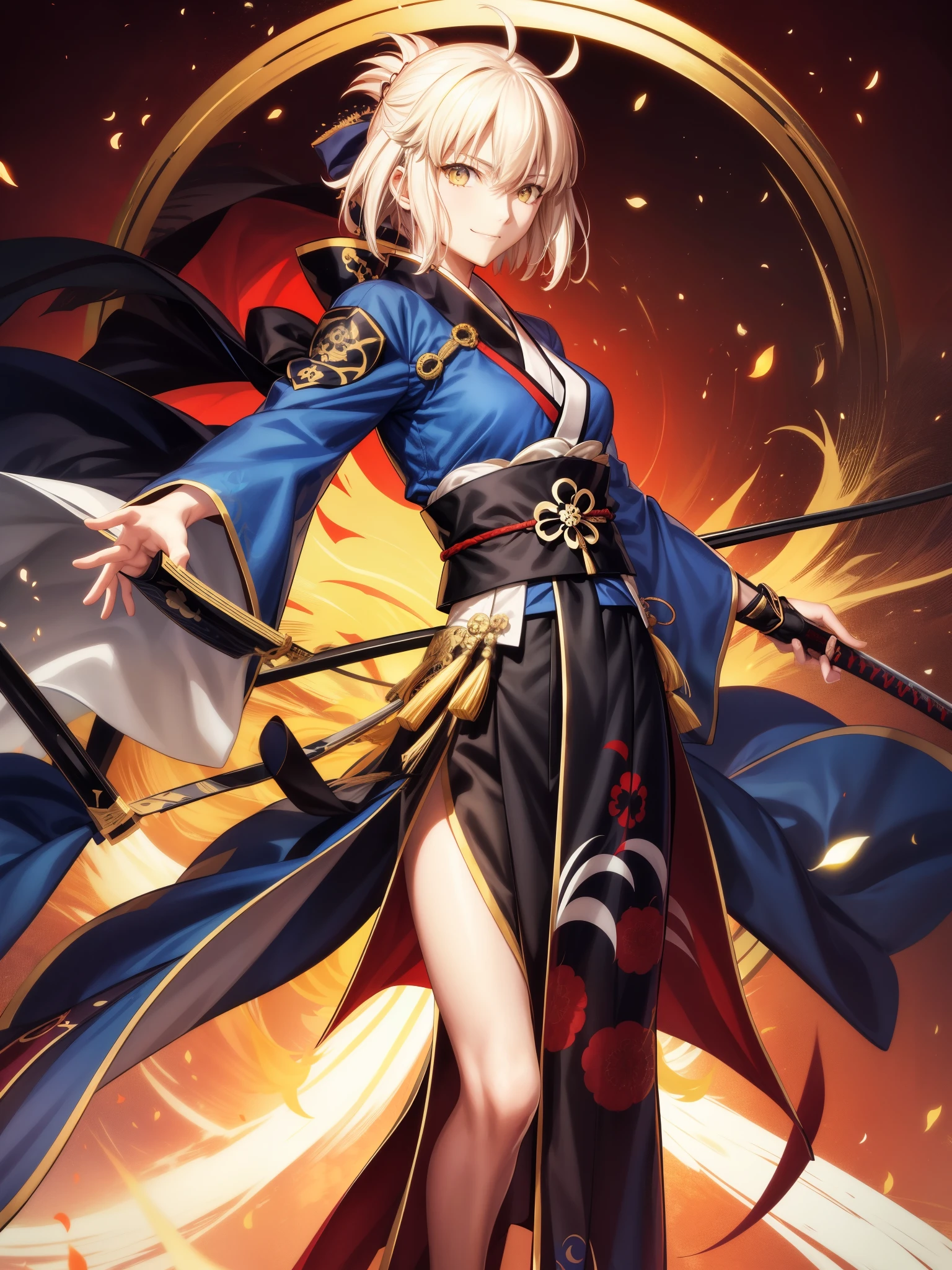 Okita Souji、Yellow Eyes、日本人woman、侍のwoman、Fate Grand Order、mature、adult、woman、skirt、Hair between the eyes、Fate Grand Order、masterpiece、An equal picture、woman、sexy、Blonde Hair、smile、kimono、In his right hand he holds a sheathed sword。