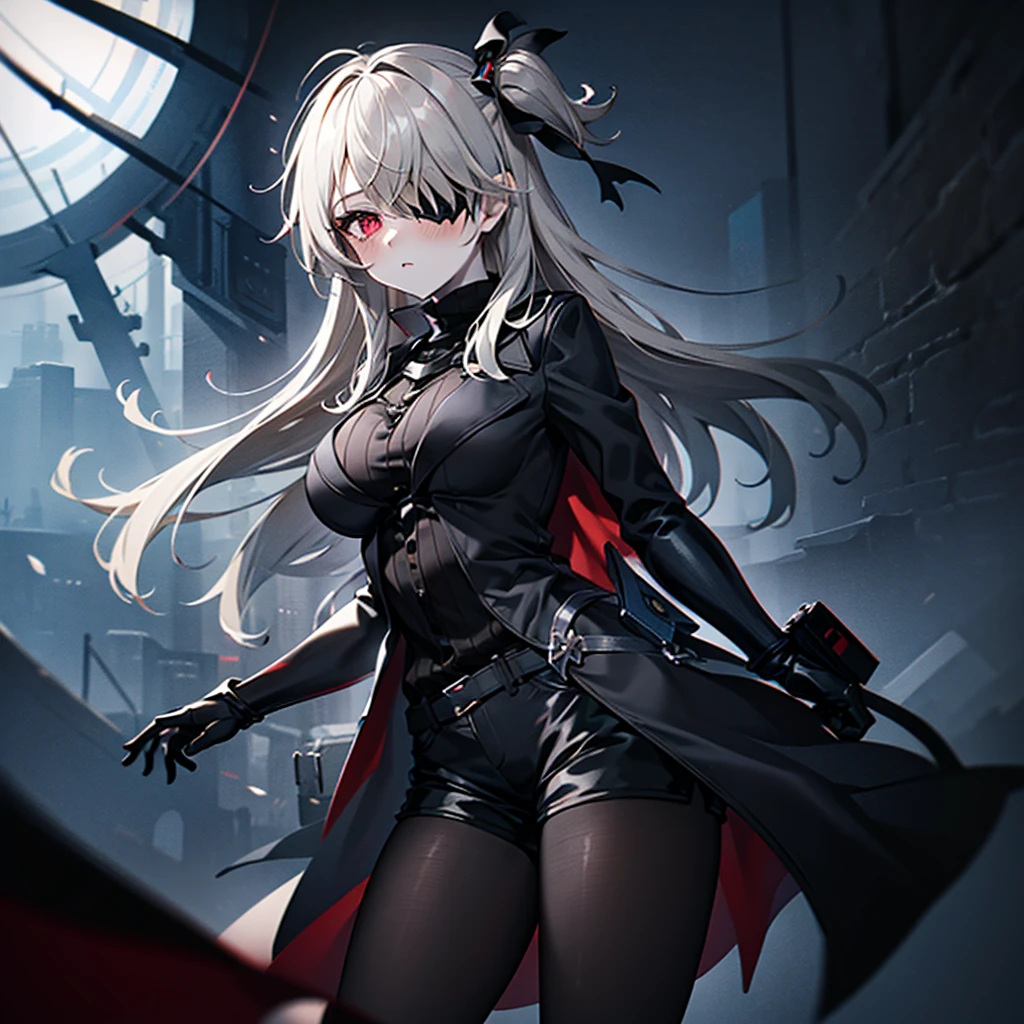 1girl, ashen_blond_hair, long_hair, bangs, eyepatch, red_eyes, two_side_up, hair_over_one_eye, blush, giant_breasts, Black_trench_coat, gauntlets, Black_pantyhose, grey_shorts, pale skin, 