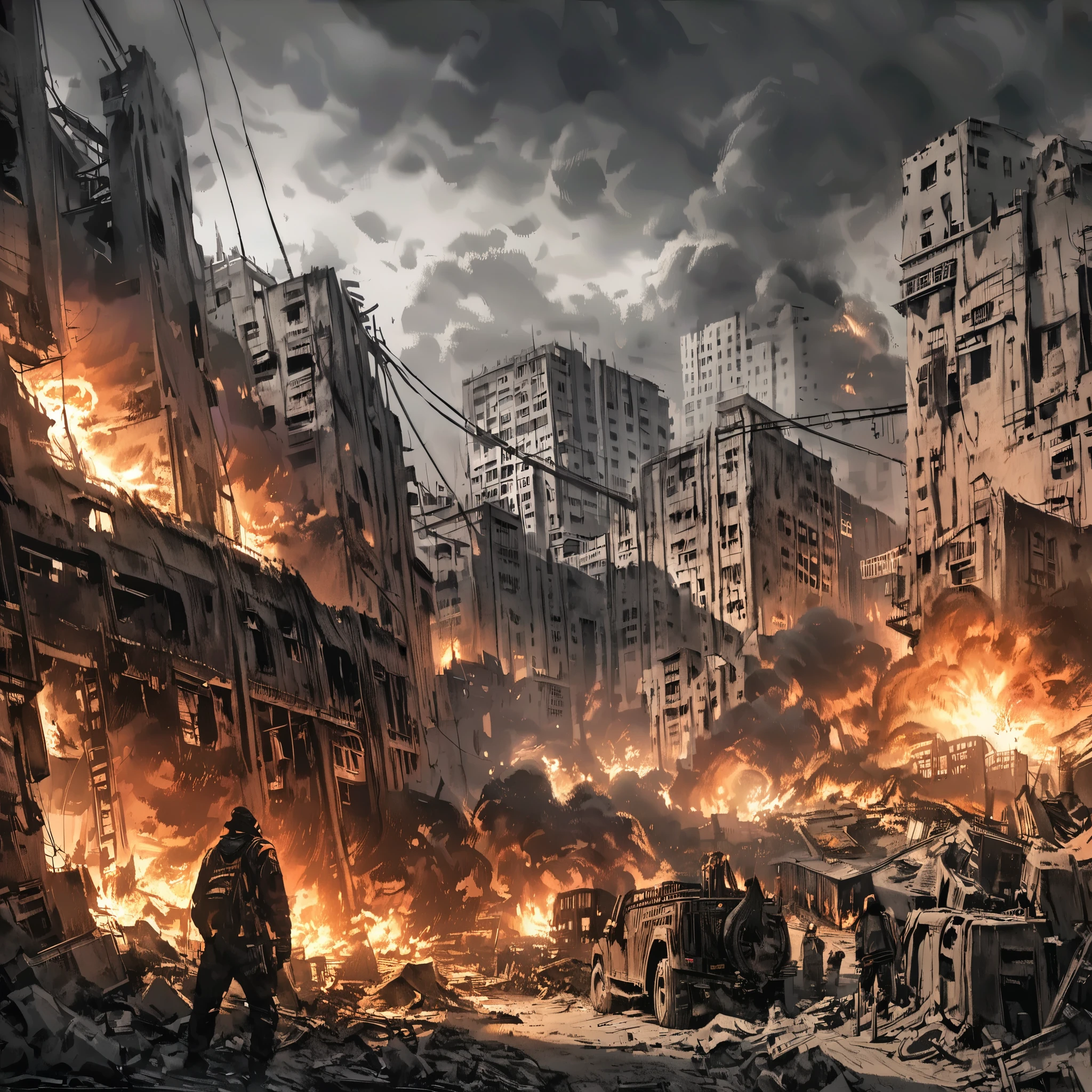 detailed ink illustration, middle eastern city on fire, black smoke, red and orange flames, explosions, dynamic scene, cinematic lighting, moody atmosphere, high contrast, dramatic composition, digital art, concept art, intricate details, vivid colors, photorealistic, (best quality,4k,8k,highres,masterpiece:1.2),ultra-detailed,(realistic,photorealistic,photo-realistic:1.37),dark fantasy,dramatic lighting,cinematic perspective,dystopian,war torn,apocalyptic,gritty realism,surreal,moody,somber,intense