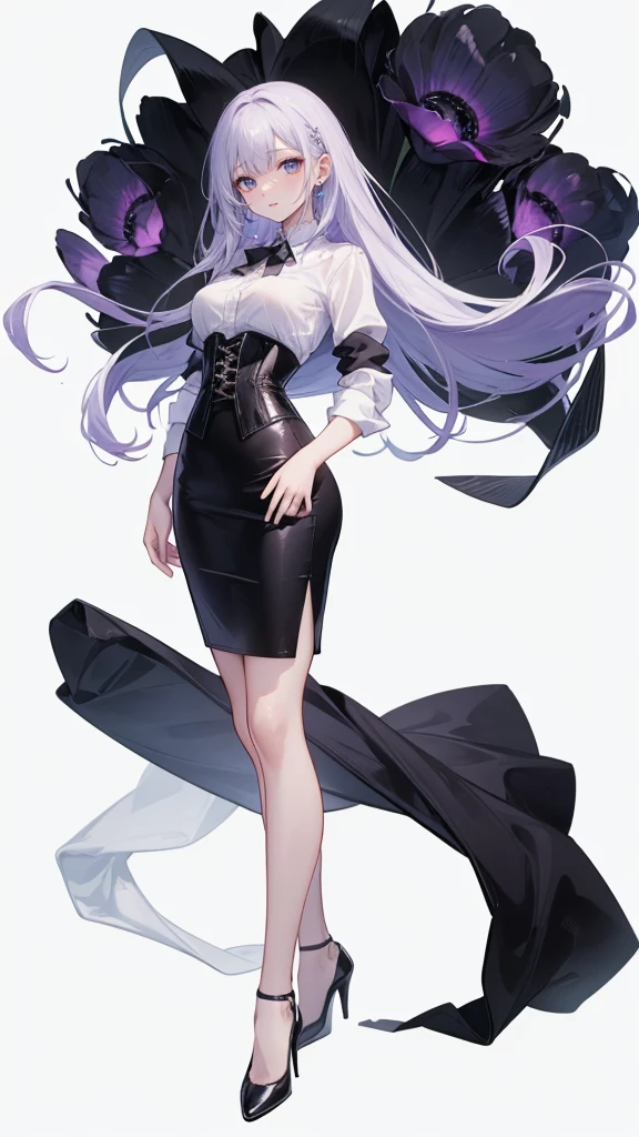 Purple Hair,long hair,Adult female,(suit),White Y-shirt,((Rolling up his sleeves)),(corset),(Black tight skirt),(High heels),Heels are visible,((Simple white background)),smile,((whole body)),((full body)),