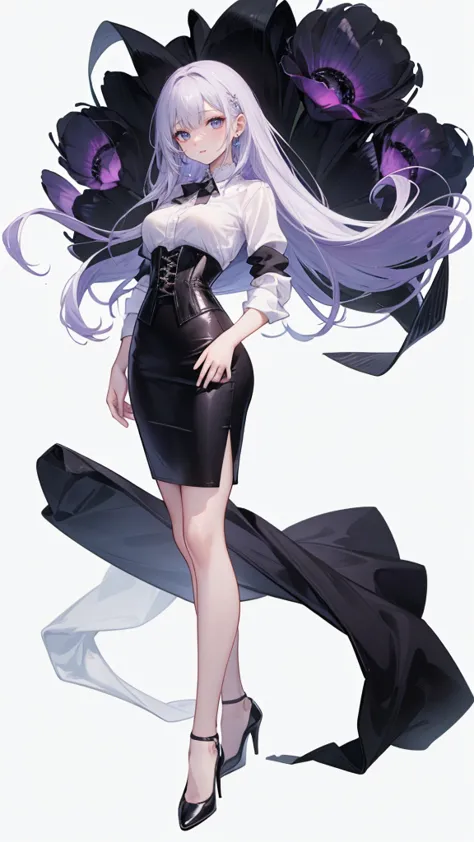 Purple Hair,long hair,Adult female,(suit),White Y-shirt,((Rolling up his sleeves)),(corset),(Black tight skirt),(High heels),Hee...
