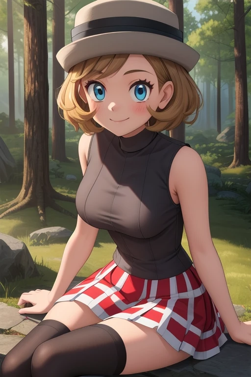 pkmnserena, 1girl, solo, blue eyes, blonde hair, short hair, bangs, hat, grey headwear,
black shirt, turtleneck, sleeveless, red skirt, pleated skirt, black thighhighs,
smile,closed mouth,cowboy shot,sitting,
forest,outdoor,
(insanely detailed, beautiful detailed face, masterpiece, best quality) cinematic lighting,