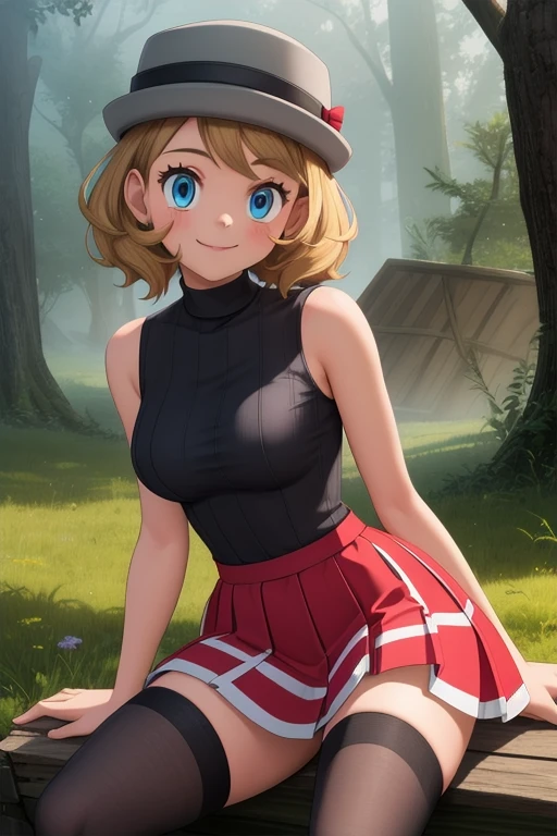 pkmnserena, 1girl, solo, blue eyes, blonde hair, short hair, bangs, hat, grey headwear,
black shirt, turtleneck, sleeveless, red skirt, pleated skirt, black thighhighs,
smile,closed mouth,cowboy shot,sitting,
forest,outdoor,
(insanely detailed, beautiful detailed face, masterpiece, best quality) cinematic lighting,