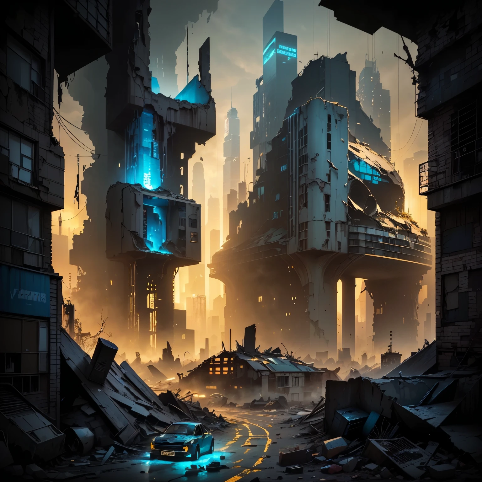 (Cinza-vermelho,azul-ouro,esquema de cores:1.4)In a post-apocalyptic metropolis, The remains of a huge city are in ruins, Semelhante ao estilo de jogo pixelado. Capture the view through the drone&#39;s perspective, Fornece um efeito de lente olho de peixe exclusivo. The atmosphere is full of nostalgic cyberpunk vibe, Dilapidated cars and buildings are intertwined in a mesmerizing display. The city is bathed in neon lights, Casts an eerie glow on the floating dust particles that fill the air. In the midst of desolation, A natureza resiste, Plants are slowly reclaiming your urban landscape with their continued growth. The scene is a fascinating mix of futurism and decadence, Crie um mundo surreal，Remnants of the past merge with the possibilities of a new future.