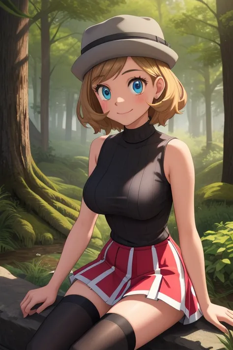 pkmnserena, 1girl, solo, blue eyes, blonde hair, short hair, bangs, hat, grey headwear,
black shirt, turtleneck, sleeveless, red...