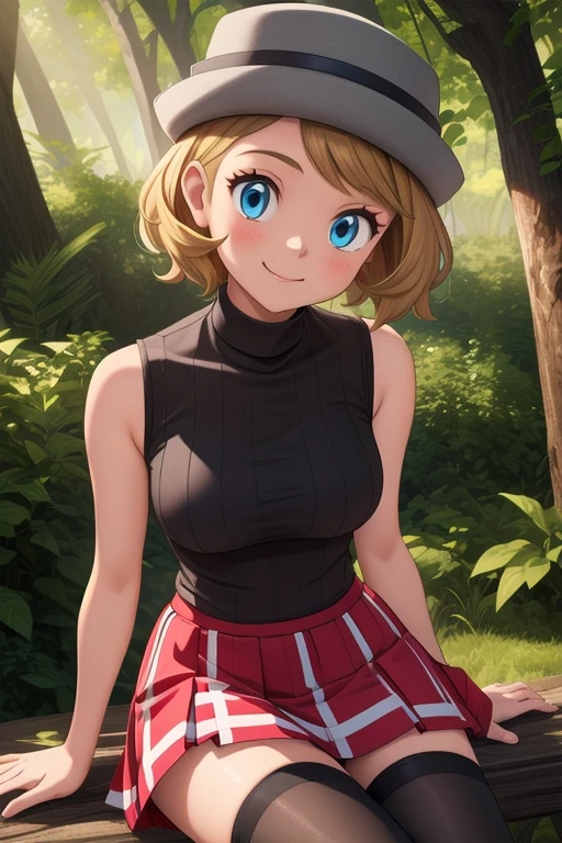 pkmnserena, 1girl, solo, blue eyes, blonde hair, short hair, bangs, hat, grey headwear,
black shirt, turtleneck, sleeveless, red skirt, pleated skirt, black thighhighs,
smile,closed mouth,cowboy shot,sitting,
forest,outdoor,
(insanely detailed, beautiful detailed face, masterpiece, best quality) cinematic lighting,