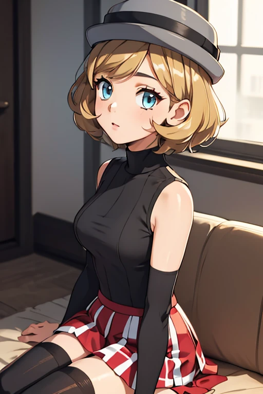 (masterpiece, best quality), 1girl,    pkmnserena, 1girl, solo, blue eyes, blonde hair, short hair, bangs, hat, grey headwear,, black shirt, turtleneck, sleeveless, red skirt, pleated skirt, black thighhighs,