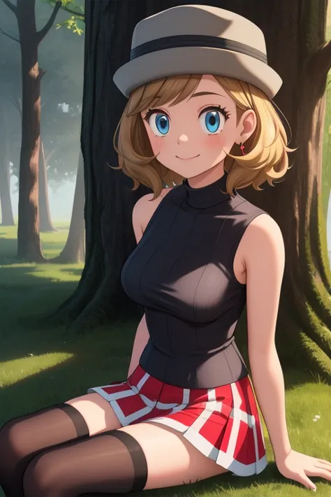 pkmnserena, 1girl, solo, blue eyes, blonde hair, short hair, bangs, hat, grey headwear,
black shirt, turtleneck, sleeveless, red...