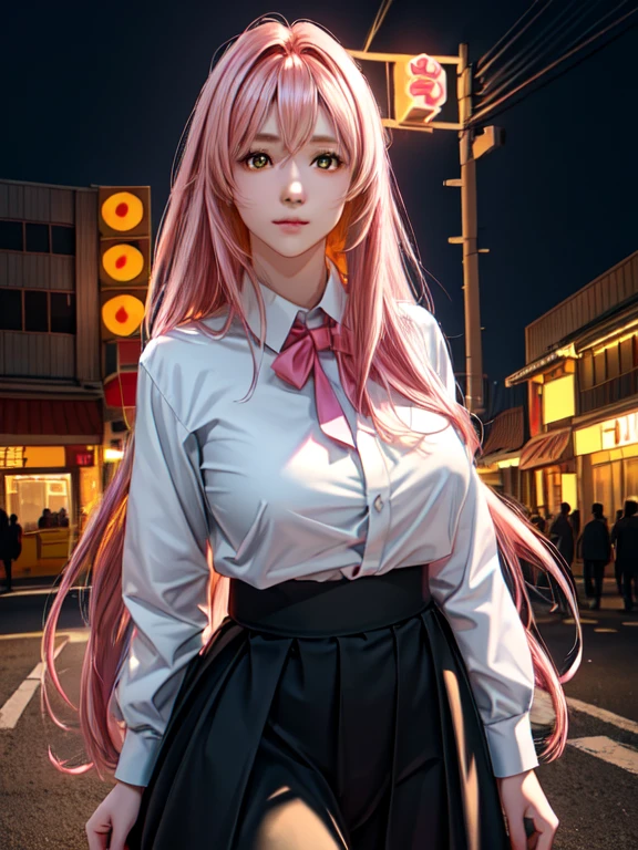 One girl, Long pink hair, Red Corner, White collared shirt, Black tie, A light smile, Yellow Eyes, Keratinous_force,, building,shop,Town Street, Dark Sky, scenery,Neon Signs,Night City, Japanese lyrics,, , Absurd, Fine grain, Very detailed, Volumetric lighting, Realistic, Realistic lighting, 8k, Cinema Lighting, Depth of written boundary, perfection, Super detailedな, photoRealistic, ultra Realistic, Realistic light, hard lighting, Intricate details, stop-motion, Tone Mapping, Sharp focus, Super detailed,