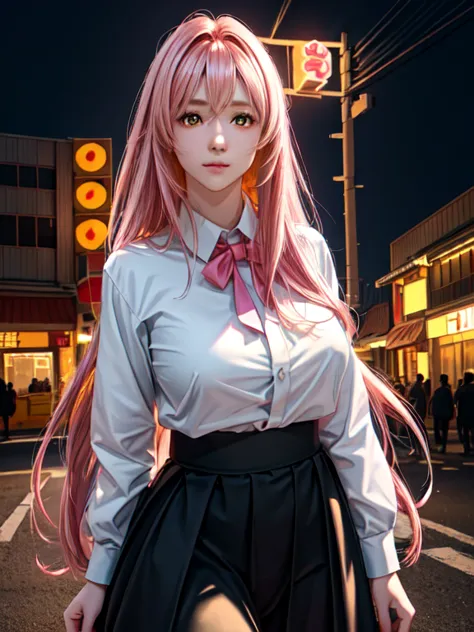 One girl, Long pink hair, Red Corner, White collared shirt, Black tie, A light smile, Yellow Eyes, Keratinous_force,, building,s...