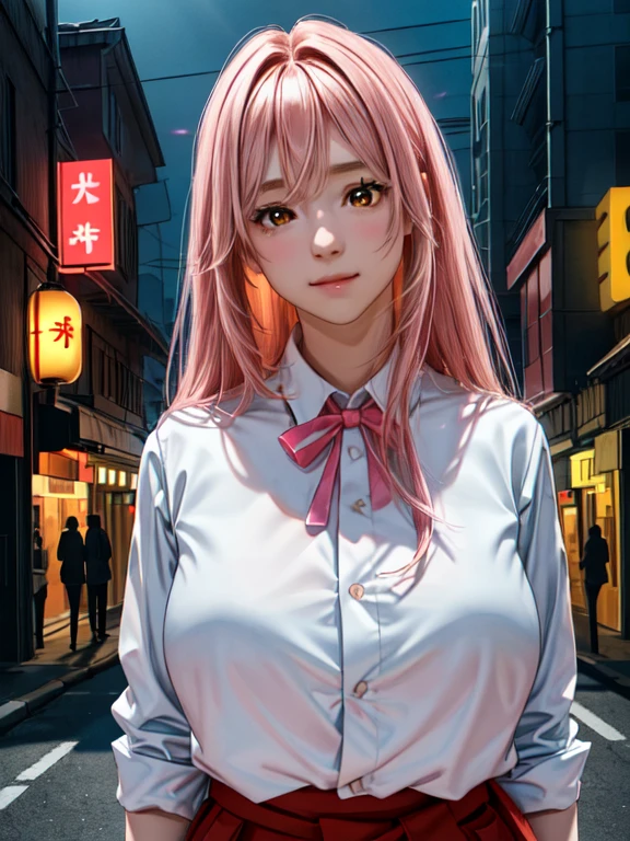 One girl, Long pink hair, Red Corner, White collared shirt, Black tie, A light smile, Yellow Eyes, Keratinous_force,, building,shop,Town Street, Dark Sky, scenery,Neon Signs,Night City, Japanese lyrics,, , Absurd, Fine grain, Very detailed, Volumetric lighting, Realistic, Realistic lighting, 8k, Cinema Lighting, Depth of written boundary, perfection, Super detailedな, photoRealistic, ultra Realistic, Realistic light, hard lighting, Intricate details, stop-motion, Tone Mapping, Sharp focus, Super detailed,