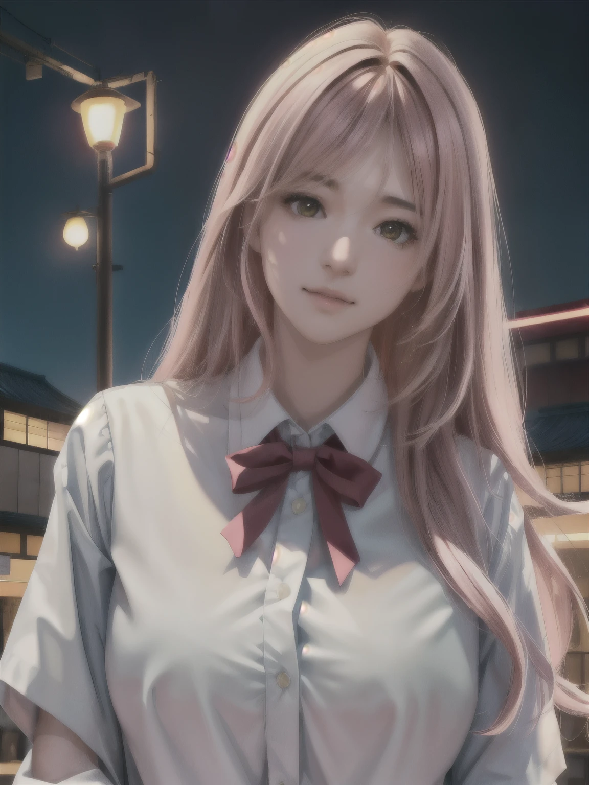 One girl, Long pink hair, Red Corner, White collared shirt, Black tie, A light smile, Yellow Eyes, Keratinous_force,, building,shop,Town Street, Dark Sky, scenery,Neon Signs,Night City, Japanese lyrics,, , Absurd, Fine grain, Very detailed, Volumetric lighting, Realistic, Realistic lighting, 8k, Cinema Lighting, Depth of written boundary, perfection, Super detailedな, photoRealistic, ultra Realistic, Realistic light, hard lighting, Intricate details, stop-motion, Tone Mapping, Sharp focus, Super detailed,