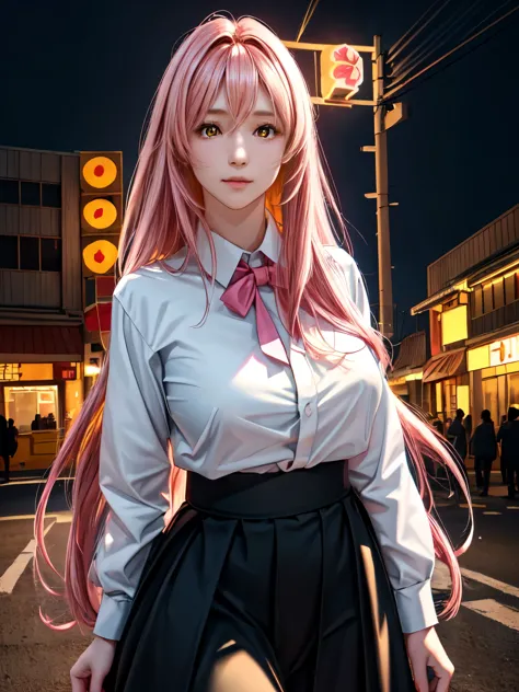 one girl, long pink hair, red corner, white collared shirt, black tie, a light smile, yellow eyes, keratinous_force,, building,s...