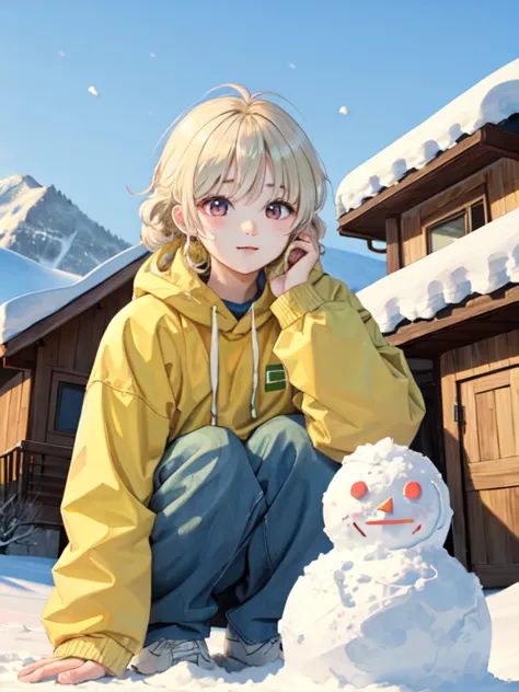 _Model shooting style, Bang Chan is having fun building an olive-eyed snowman., House background, Snowy mountain background, it&...