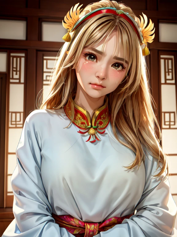 Best image quality, Masterpiece level, Ultra-high resolution, realism, Fantasy Theme, Head close-up, girl, single, Scattered, Chinese architecture, indoor, First Person View, Phoenix Headdress, Floral Dress, get detailed interior lighting and movie lighting, Increase overall ambient light detail, Face and eye details, Improve Face Detail realism, Crisp and sharp focus, Sobbing, Biting your lip, Frowning, Bright Eyes, Simple Background, sony master lens.