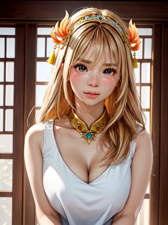 Best image quality, Masterpiece level, Ultra-high resolution, realism, Fantasy Theme, Head close-up, girl, single, Scattered, Chinese architecture, indoor, First Person View, Phoenix Headdress, Floral Dress, get detailed interior lighting and movie lighting, Increase overall ambient light detail, Face and eye details, Improve Face Detail realism, Crisp and sharp focus, Sobbing, Biting your lip, Frowning, Bright Eyes, Simple Background, sony master lens.