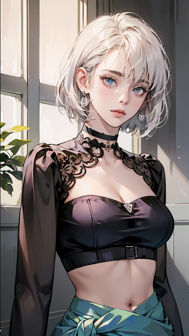 (masterpiece, highest quality, (One girl:1.5), alone, Intricate details, chromatic aberration), (Realistic), (skin), ((breathe)), (Wavy white hair, Bobcut, Blunt bangs, Hair on one eye), Detailed Hair, Red ornament, Blue Highlights, Small earrings, Sharp eyes, Purple eyes, choker, ((Black crop top, Thin material, skirt)), Waist open, (Symmetrical eyes), (Perfectly symmetrical body), night, (((Natural light))), Backlight, Against a grey wall, Dim lighting ,View the viewer, (((Center shot, from the front, Face and waist))), (Big Breasts: 1.2), Cleavage,