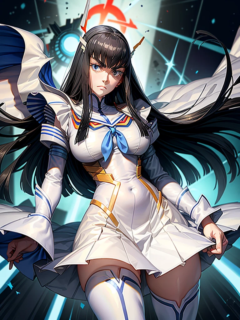 satsuki kiryuin, satsuki kiryuin de Kill-la-Kill, 정켓으로 옷을 입고, 큰 가슴, 풍만한 가슴, 거대하고 굴곡진 가슴, 메쉬 바닥, 카타나를 들고 서 있다, 전체 높이, 아래에서 보는 풍경, 최고의 품질, 매우 상세한, 울트라 8K 해상도